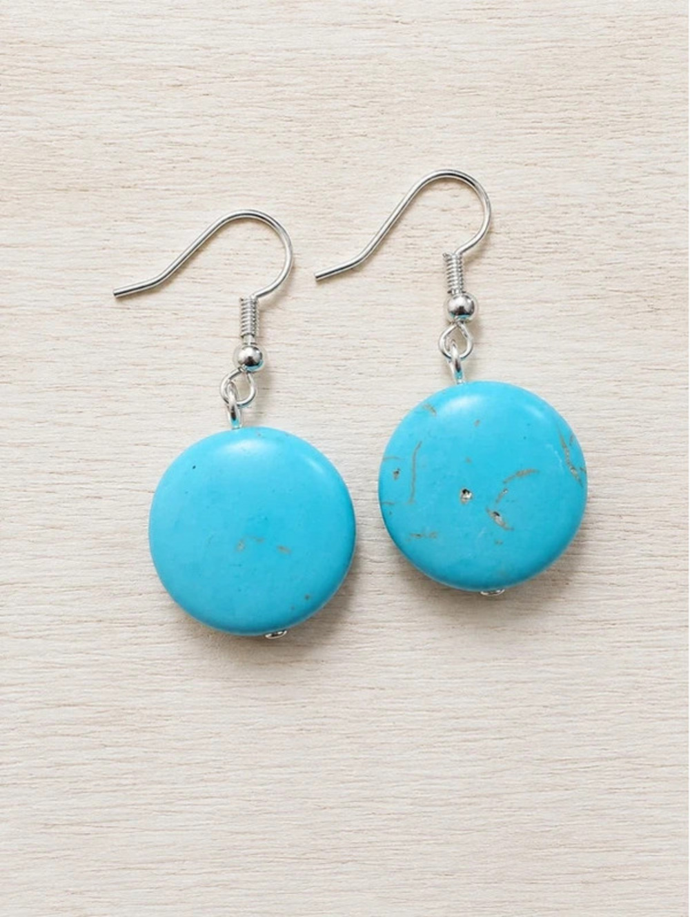 Turquoise Blue Round Bead Dangle Earrings with Silver Fishhook Ear Wires